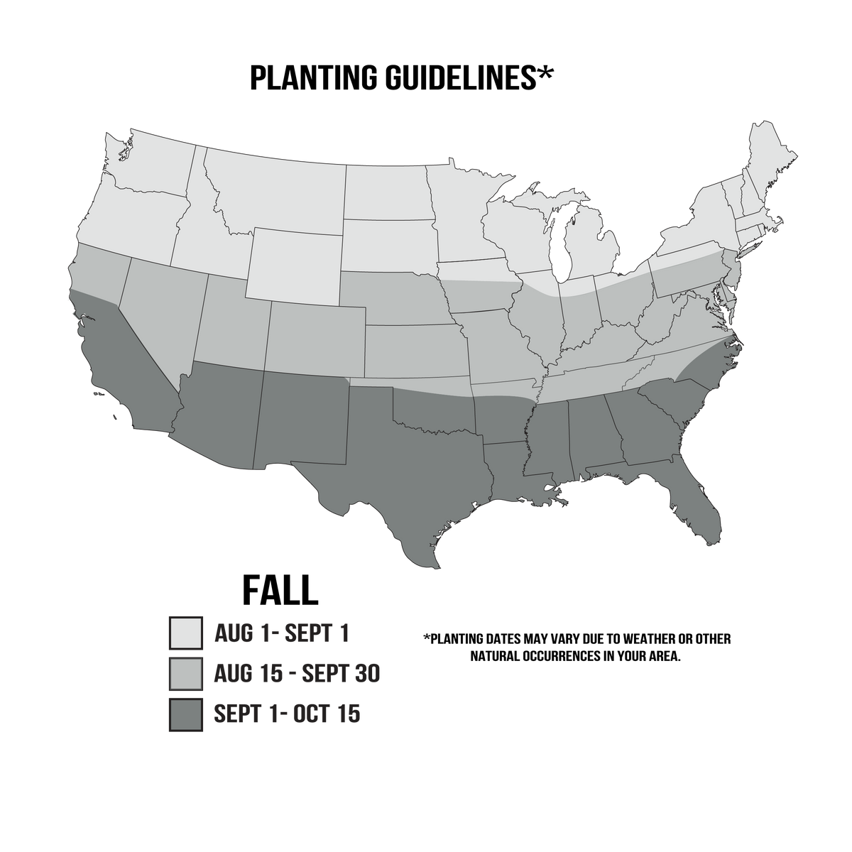 Map of the United States showing fall planting guideline zones in three shades of gray with dates ranging from August 1 to October 15 by region.