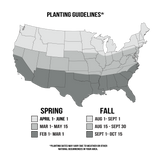 Map of the United States showing planting date zones with three gray shades indicating spring and fall planting periods spanning February to October.