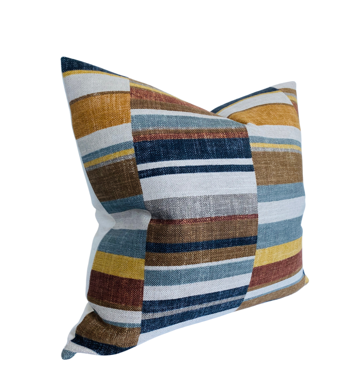 Square pillow with horizontal and vertical stripes in rust, navy, mustard, blue, white, and brown colors, displayed against a white background.