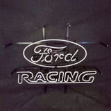 White neon sign displaying 'Ford' in cursive inside an oval above the word 'RACING' in block letters on a dark background with visible mounting brackets.