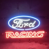 Neon sign with a blue oval surrounding white cursive 'Ford' lettering above bright red block letters spelling 'RACING' on a dark background.