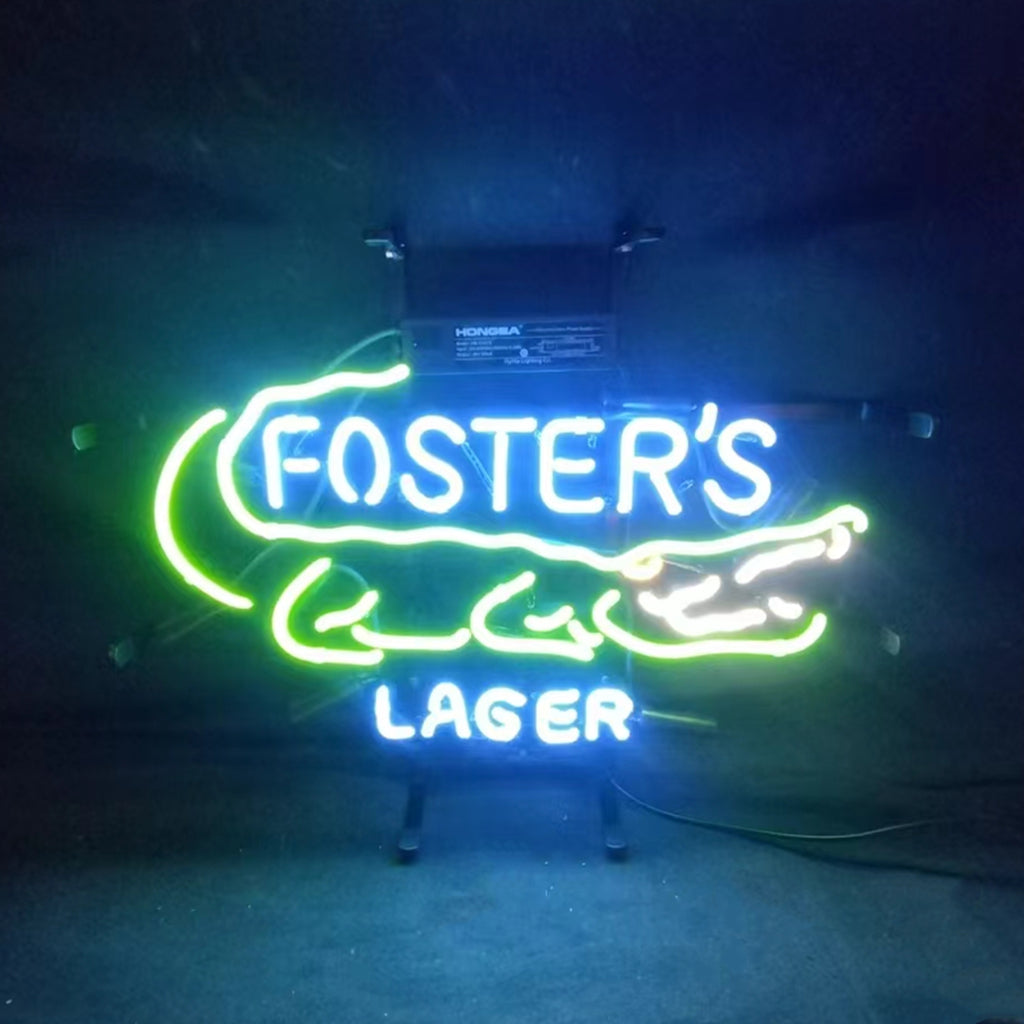 Foster's Lager Gator Neon Sign illuminated in indoor setting showing metal grid backing and real glass tubing