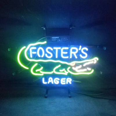 Foster's Lager Gator Neon Sign illuminated in indoor setting showing metal grid backing and real glass tubing