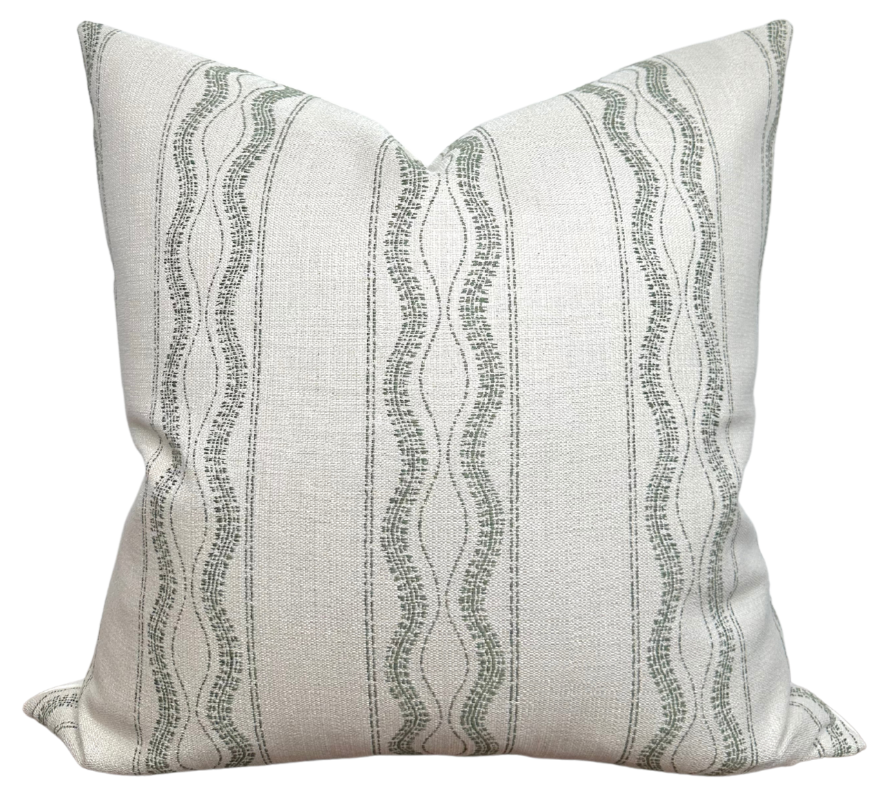 Zanzibar Outdoor Pillow Cover in Moss showing two-sided design with patterned front and ivory linen back