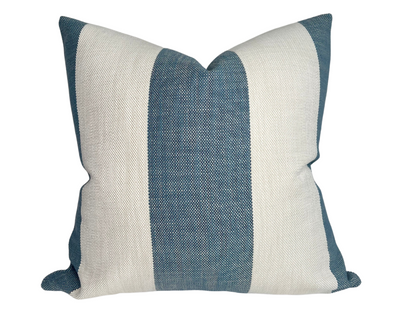 Vintage Striped Pillow Cover in Lagoon with woven vintage stripe fabric front and ivory outdoor fabric back