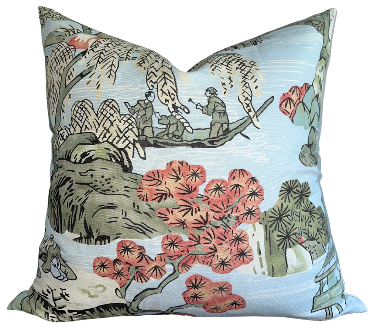 Square pillow with robin's egg blue background featuring an Asian-inspired scene of figures in a boat, stylized trees with coral blossoms, and detailed rock formations.