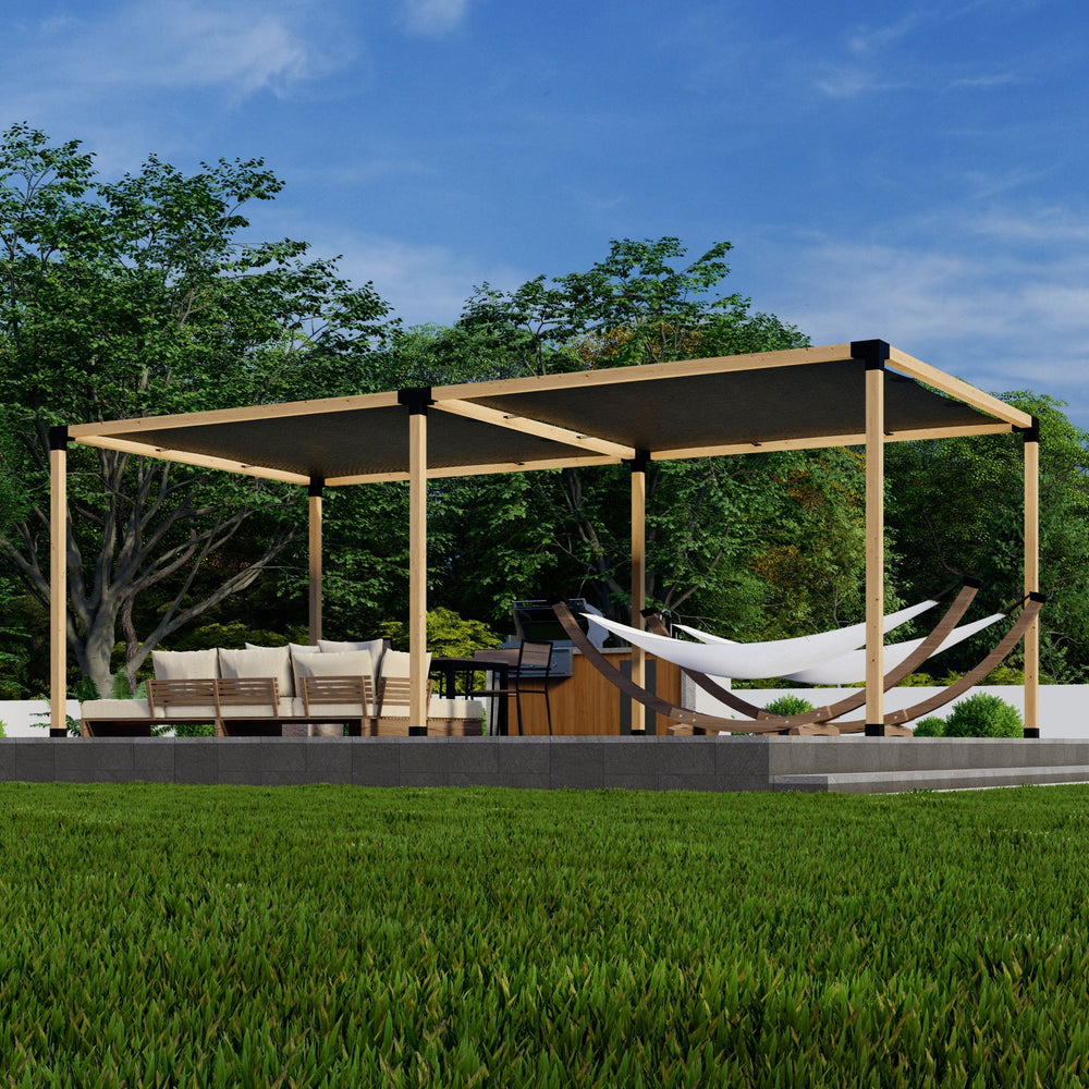 Side and top views showing components of DIY Pergola Kit with two shade canopies
