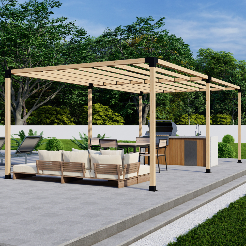 Metal Pergola Brackets Kit components arranged with labeled sizes and styles