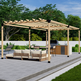 DIY Pergola Bracket Kit components arranged on a surface including base, corner, middle, and roof rafter brackets
