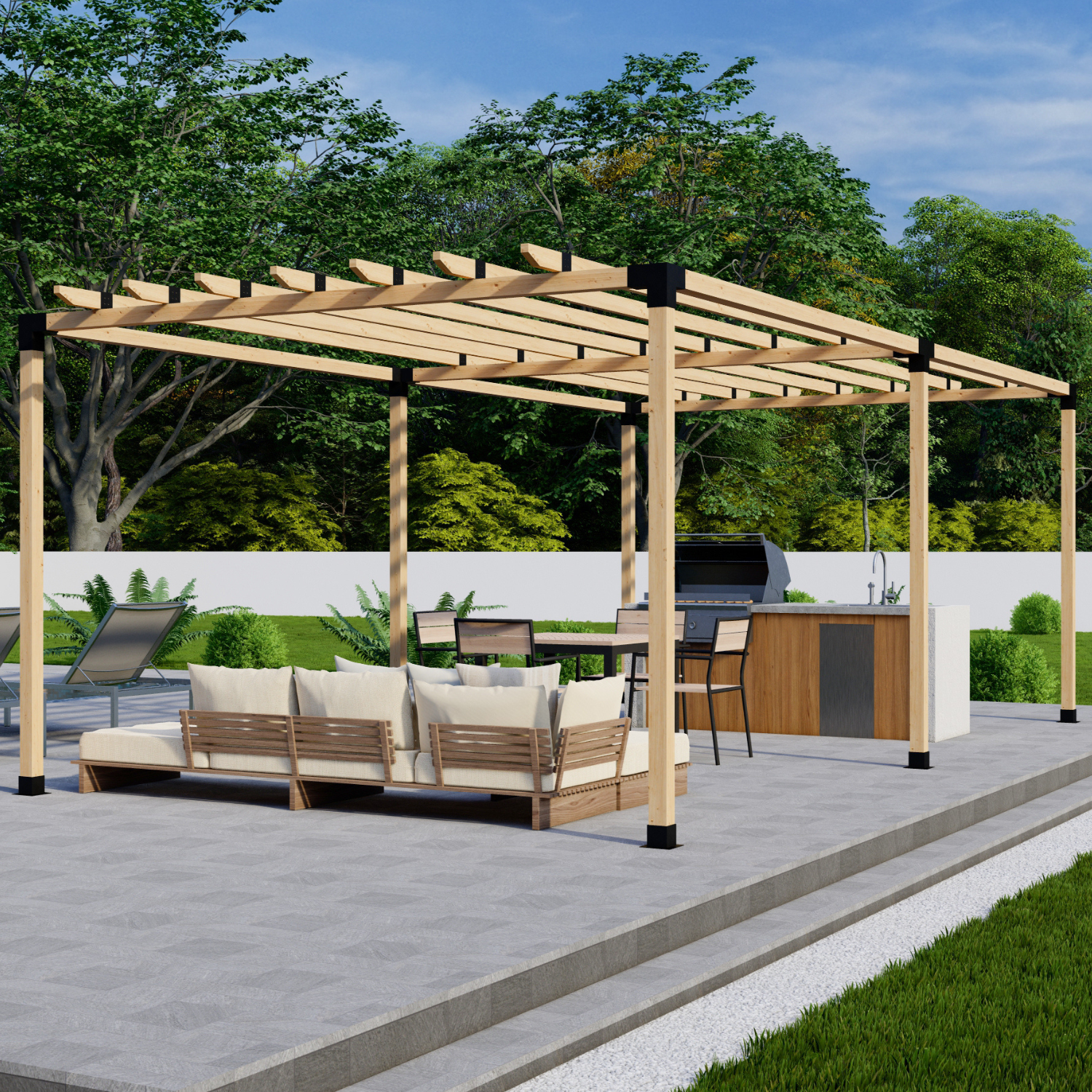 DIY Pergola Bracket Kit components arranged on a surface including base, corner, middle, and roof rafter brackets