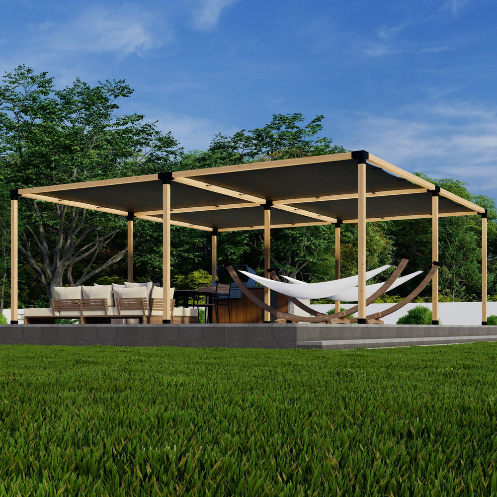 Side and top views of a freestanding pergola kit with canopies and bracket components