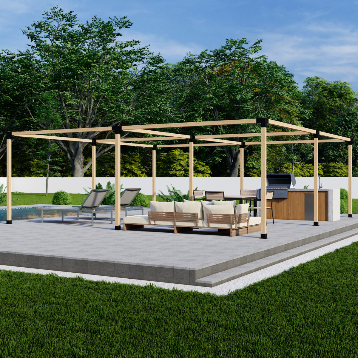Metal bracket hardware set for a freestanding pergola frame