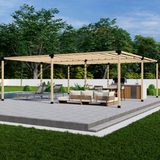 DIY Pergola Bracket Kit showing various steel brackets arranged on a light surface with inline wood slats