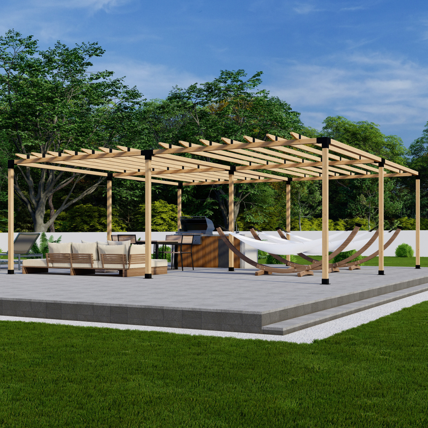 DIY pergola bracket components arranged neatly on white background