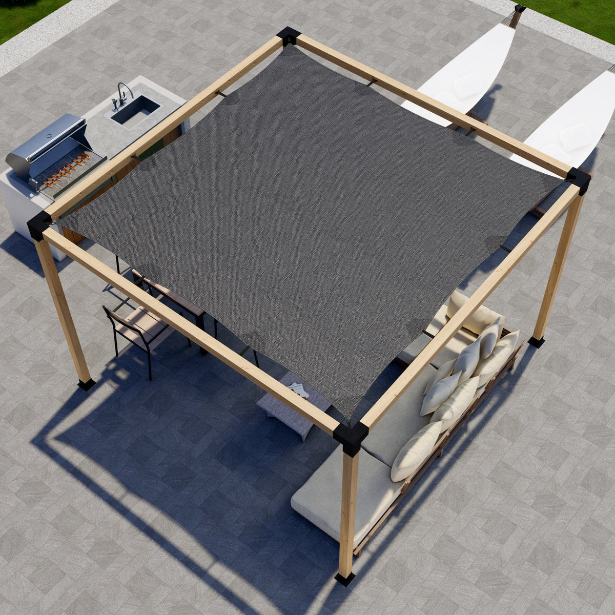 Top and side views of DIY Pergola Kit with shade canopy and metal brackets by Zen Pergolas