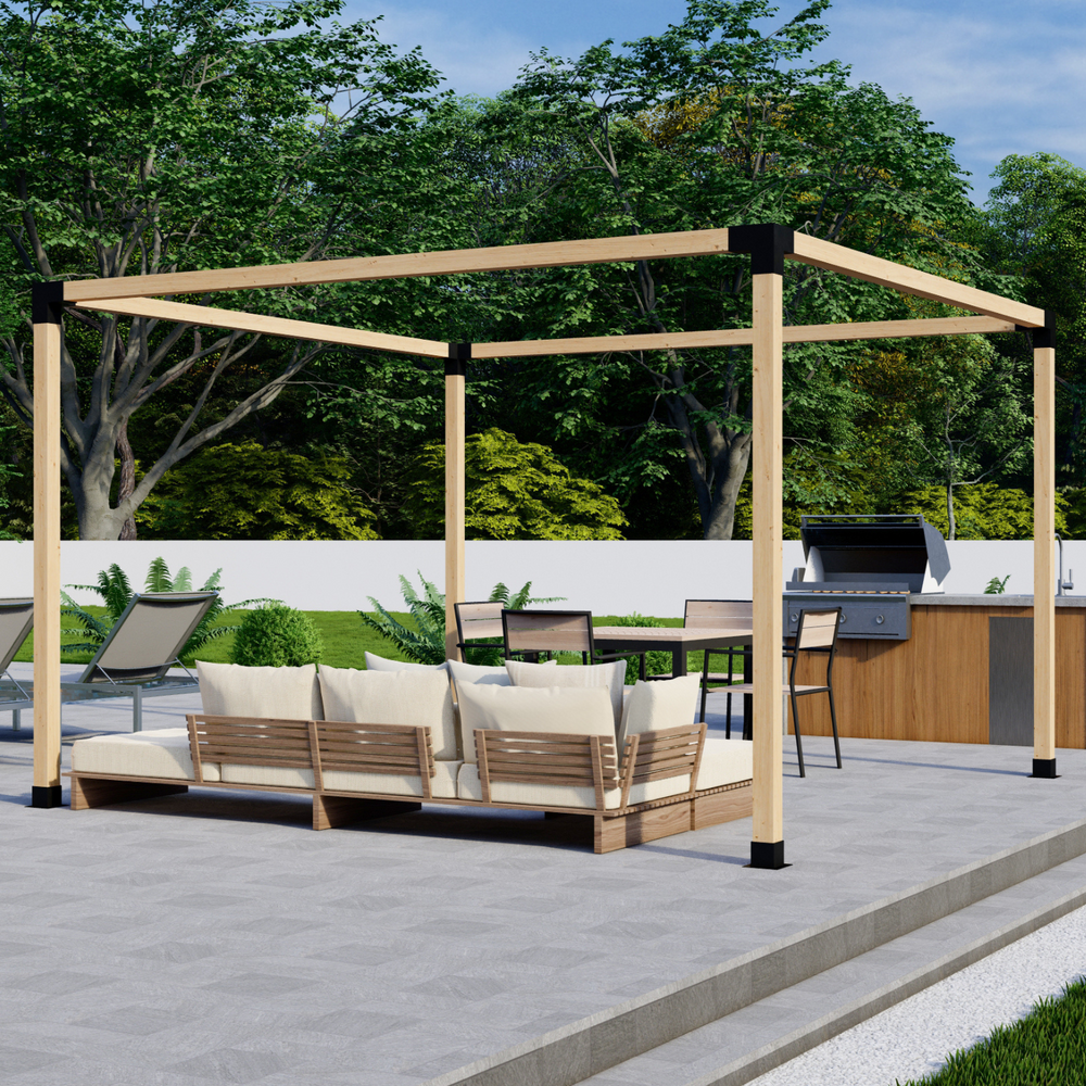 DIY Pergola Bracket Kit components including base brackets and corner brackets assembled to form a frame without roof panels