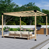 Zen Pergolas DIY Pergola Bracket Kit components and installation examples showing steel brackets and slatted roof configurations