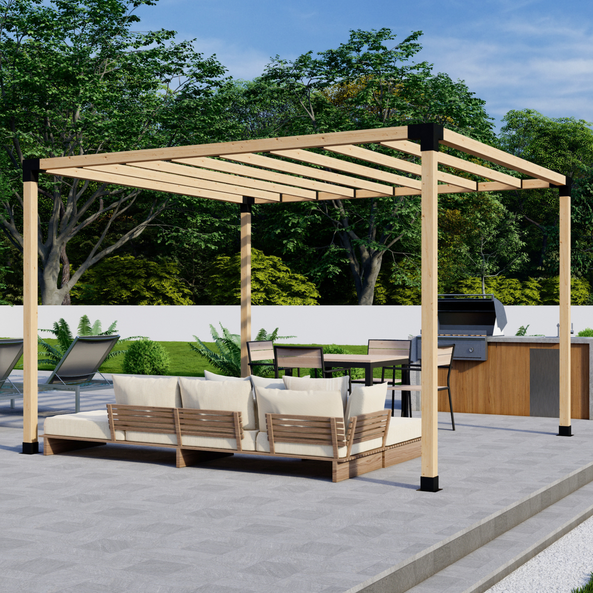 Zen Pergolas DIY Pergola Bracket Kit components and installation examples showing steel brackets and slatted roof configurations