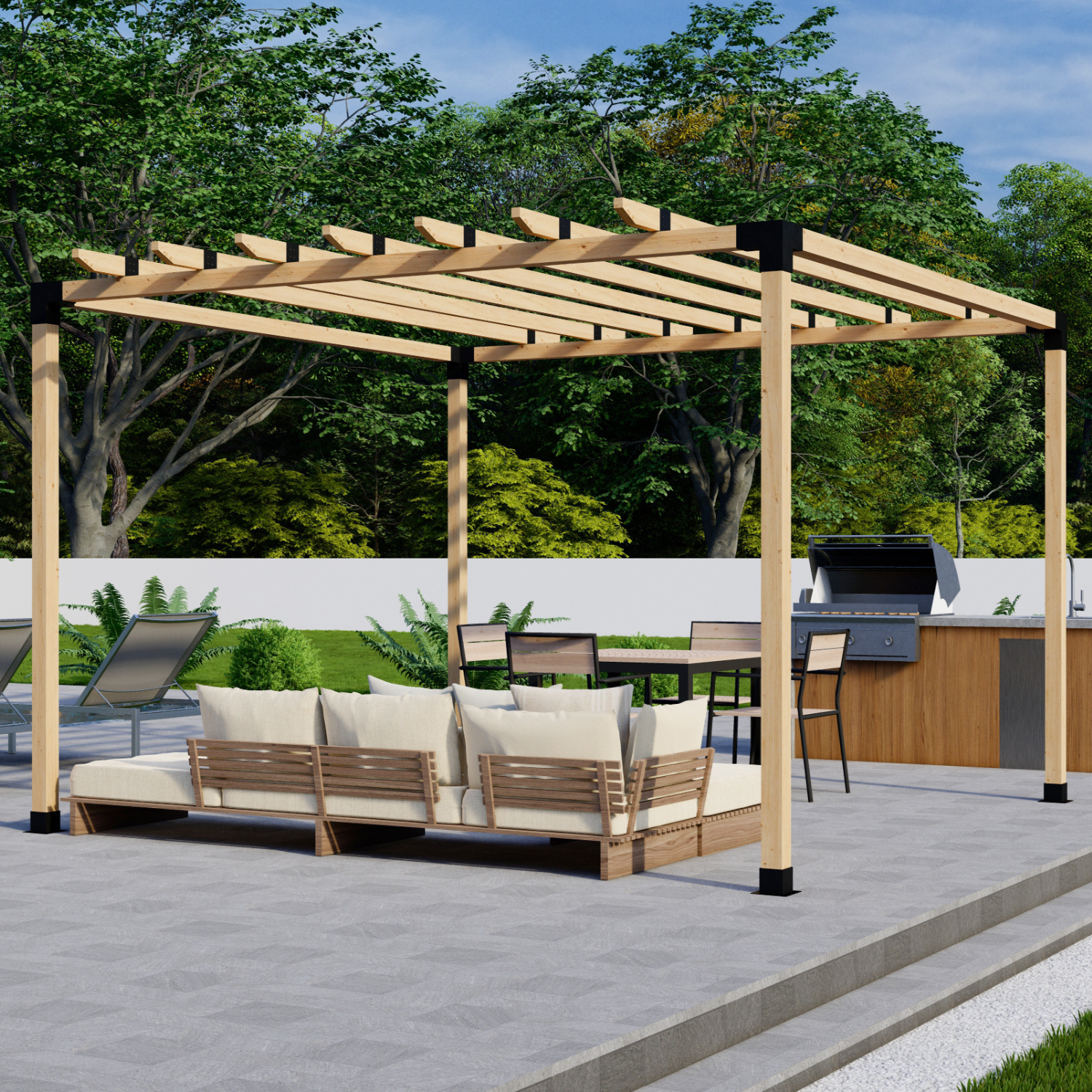 Zen Pergolas DIY Pergola Bracket Kit components including post base, corner, and roof rafter brackets