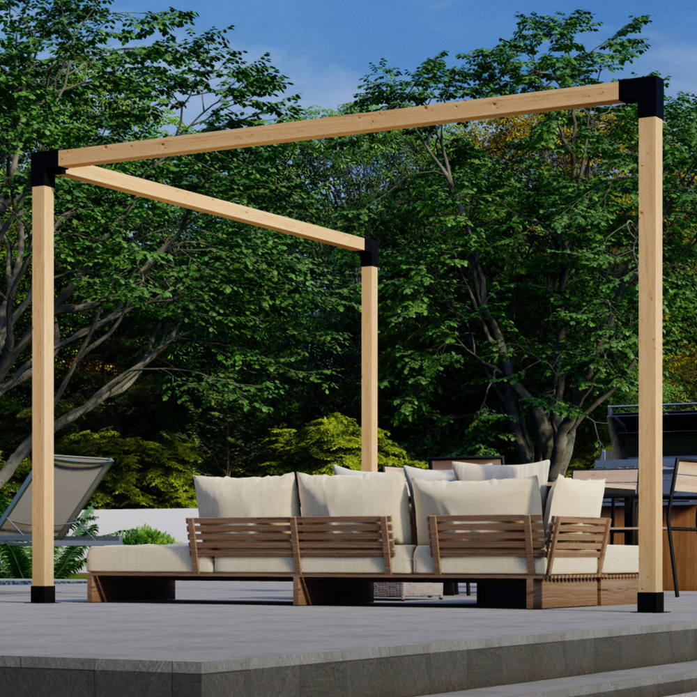 DIY Pergola Bracket Kit components arranged to show brackets and frame styles