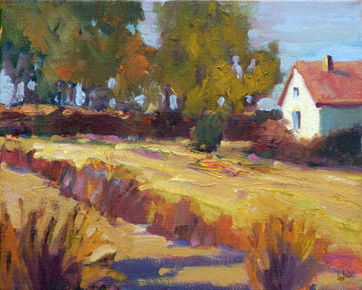 French Autumn Artist Enhanced Canvas Print showing a fall landscape with trees and water, framed in black