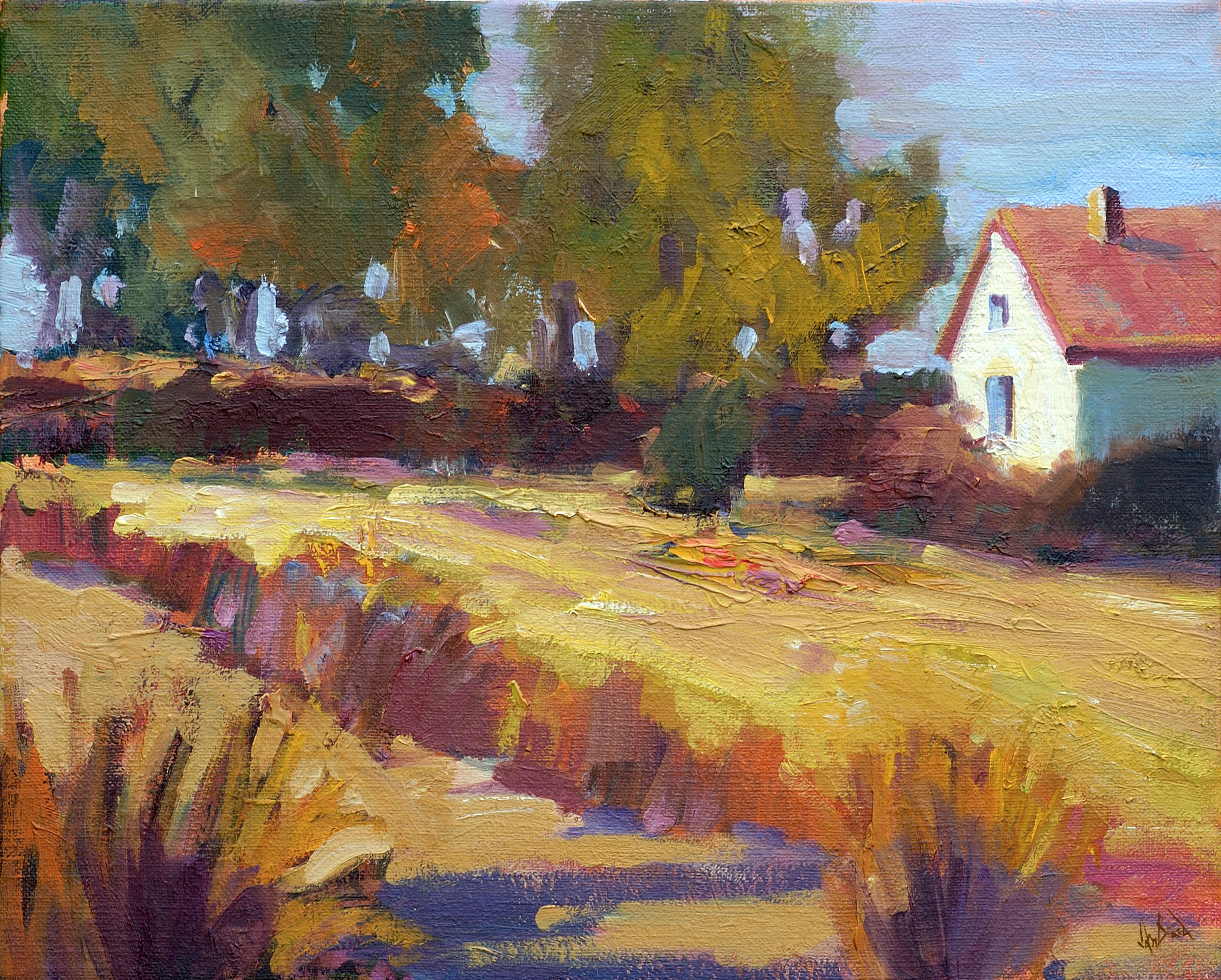 French Autumn Artist Enhanced Canvas Print showing a fall landscape with trees and water, framed in black