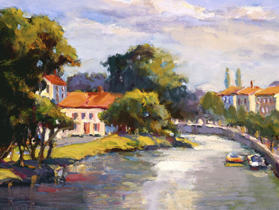 French Village with Canal Artist Enhanced Canvas Print by John Beard Collection - main product image for Resin Society