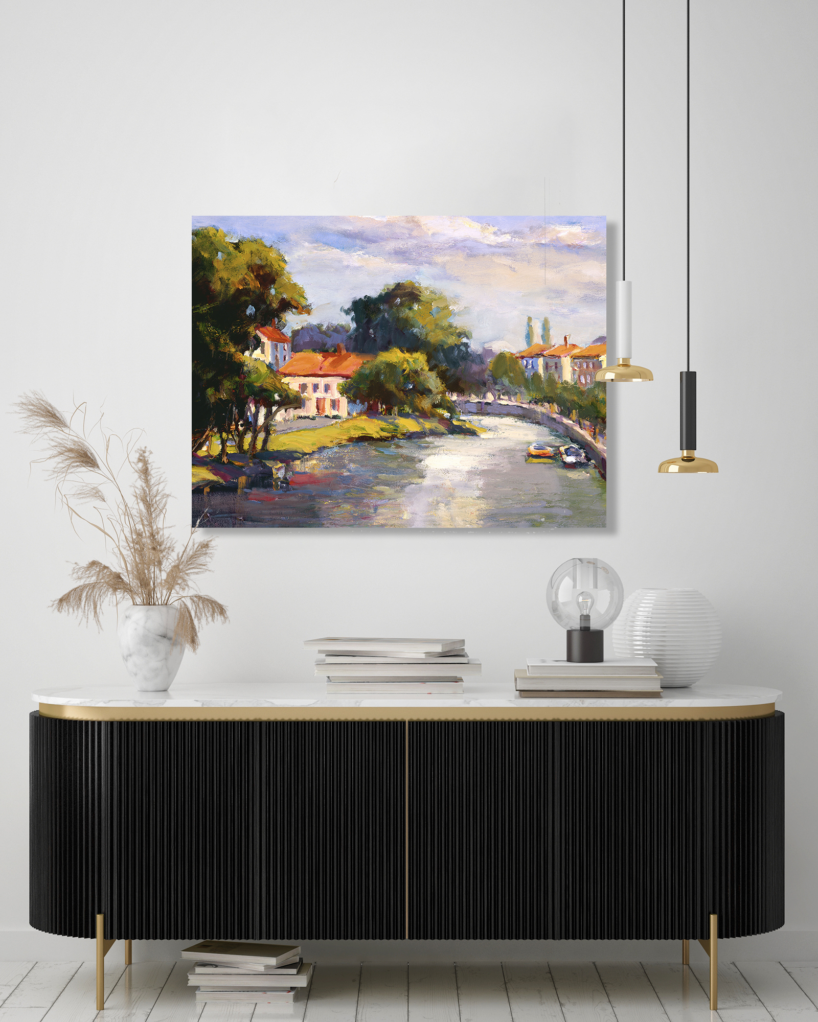 French Village with Canal Artist Enhanced Canvas Print by John Beard Collection - product image 2 for Resin Society