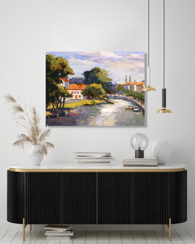 French Village with Canal Artist Enhanced Canvas Print by John Beard Collection - product image 2 for Resin Society