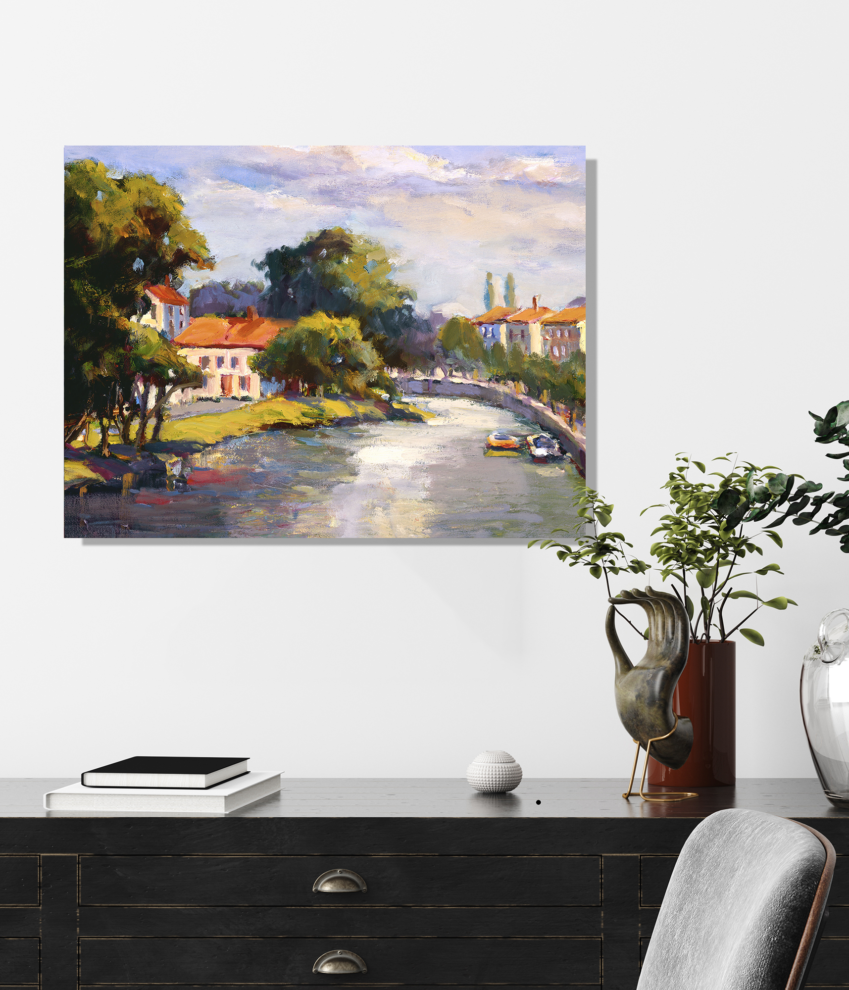 French Village with Canal Artist Enhanced Canvas Print by John Beard Collection - product image 3 for Resin Society