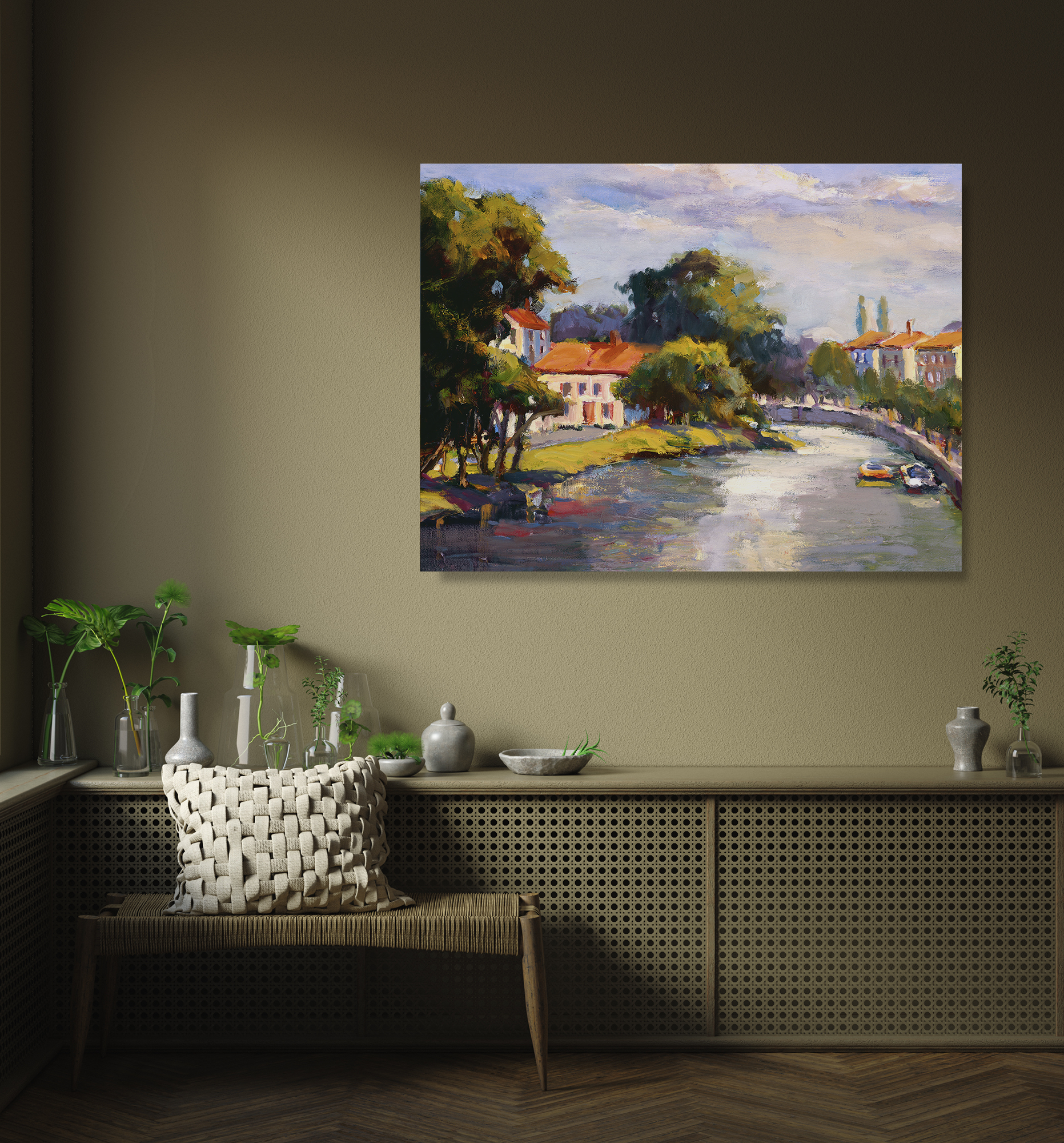 French Village with Canal Artist Enhanced Canvas Print by John Beard Collection - product image 4 for Resin Society
