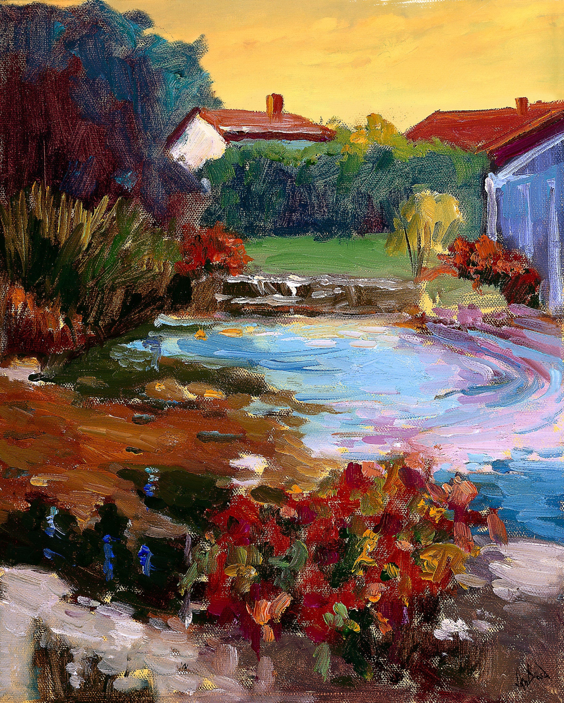 French Village with Pond canvas print showing a tranquil village scene with a pond and surrounding buildings