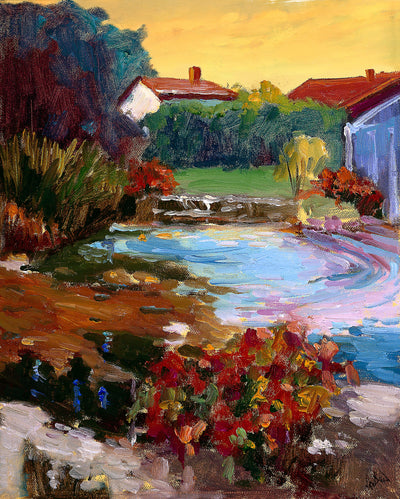 French Village with Pond canvas print showing a tranquil village scene with a pond and surrounding buildings