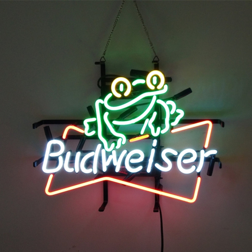 Frog Budweiser Beer Neon Sign Light glowing ambiently on a wall