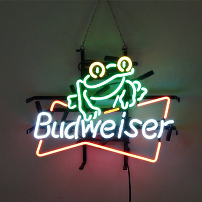 Frog Budweiser Beer Neon Sign Light glowing ambiently on a wall