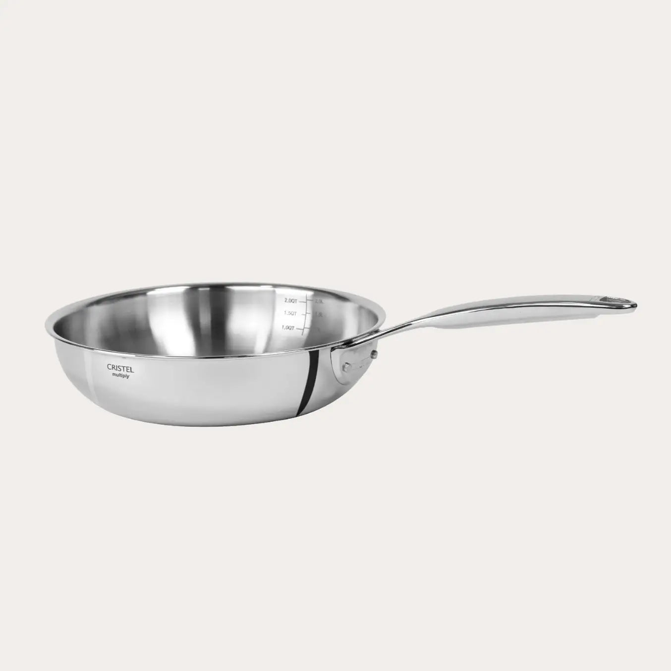 Stainless steel deep frying pan with ergonomic handle on a white background