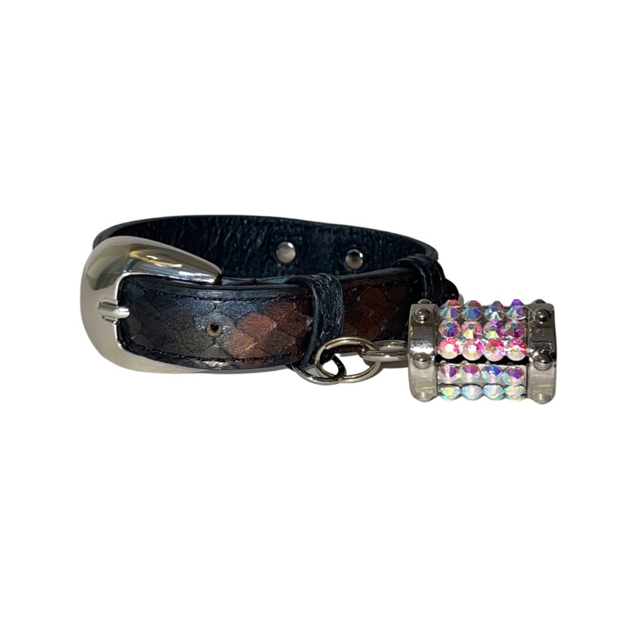 Gun Metal Grey/Bronze/Silver Custom Snake Collar featuring custom silver Italian hardware and barrel Swarovski charm