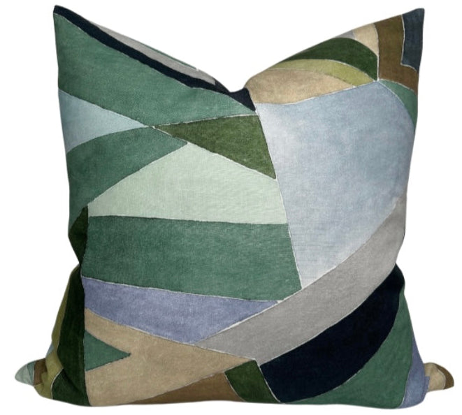 Roulade Pillow Cover in Juniper, showing abstract pattern in green and linen back