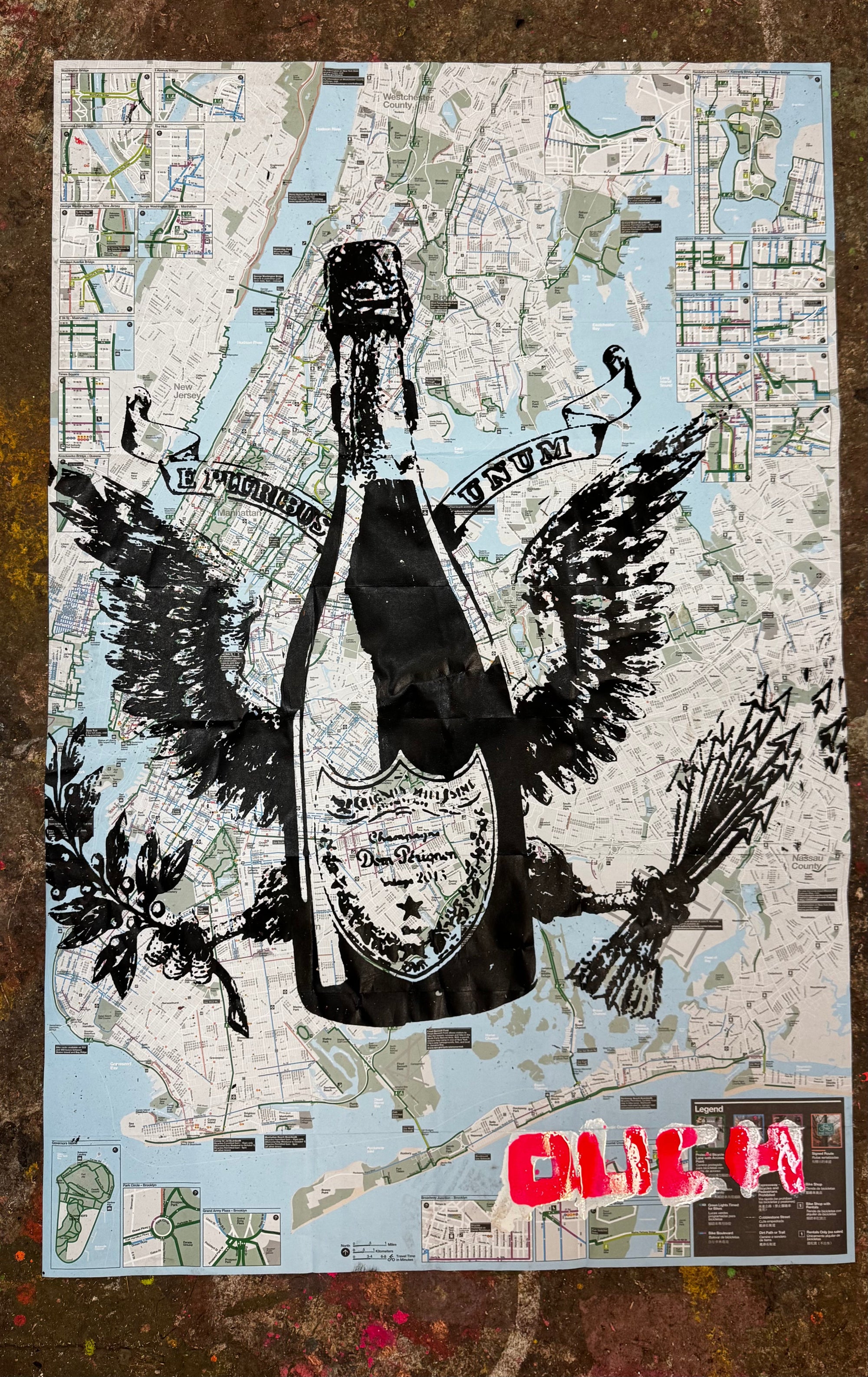 Don Angel Perignon original artwork by Denis OUCH: mixed media on NYC bike map