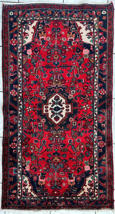 Vintage Persian Hamadan rug featuring geometric patterns in muted tones, laid flat in natural light.