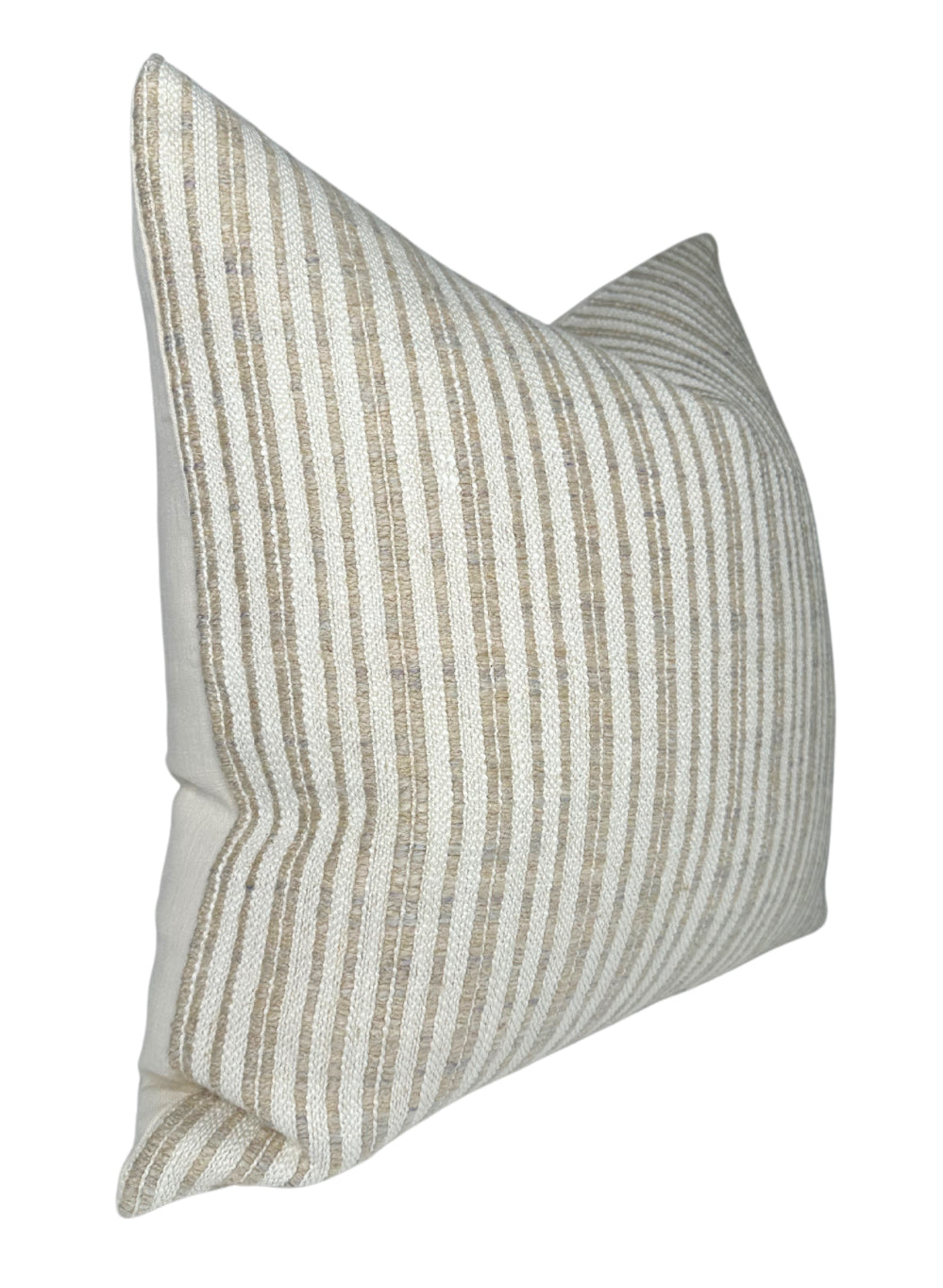 Square pillow cover with vertical beige and off-white stripes in a textured fabric, shown at an angle on a white background.