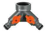 Gardena Twin-Tap Connector 00938, showing two outlet valves and connection points