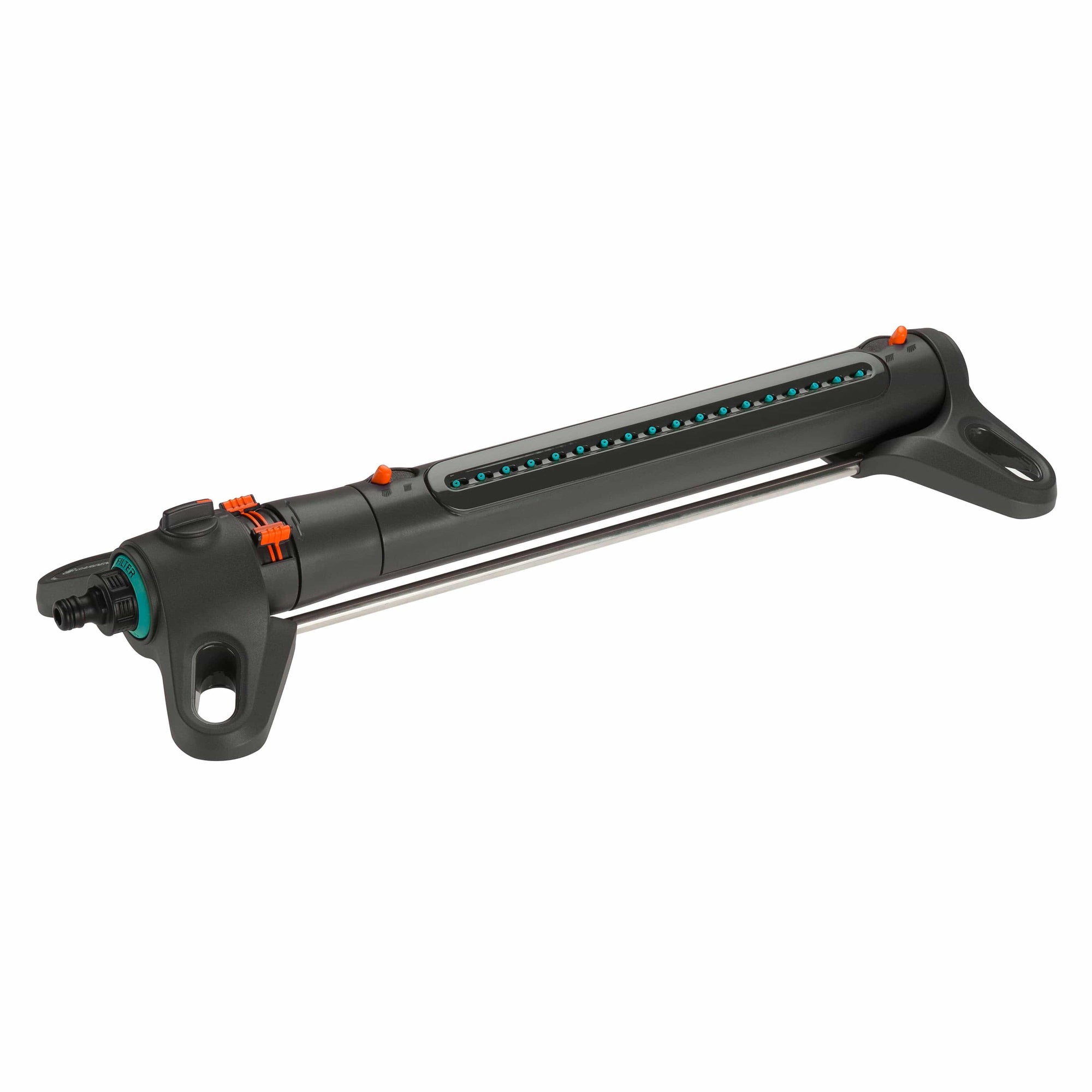 Aquazoom Oscillating Sprinkler positioned on green grass, spraying a wide pattern of water over a large yard