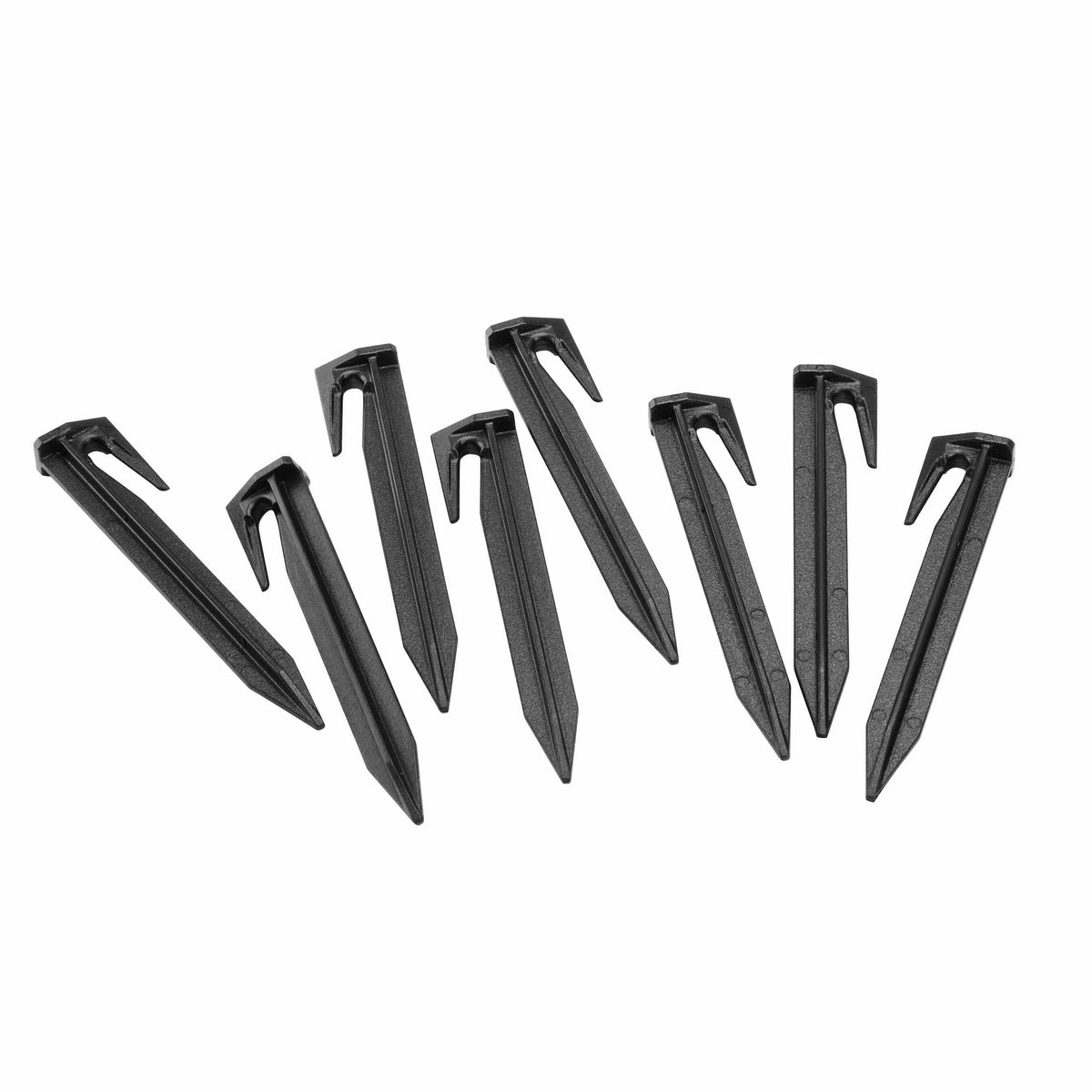 Eight black plastic wire boundary stakes with pointed ends and hooked tops arranged loosely on white background.