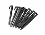 Set of ten black plastic wire boundary stakes with sharp pointed ends and hooked tops arranged in a fan shape on a white background.