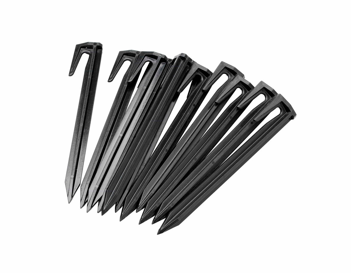 Set of ten black plastic wire boundary stakes with sharp pointed ends and hooked tops arranged in a fan shape on a white background.