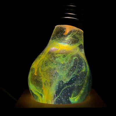 Galaxy Resin LED Table Lamp with wooden cube base, handcrafted unique design