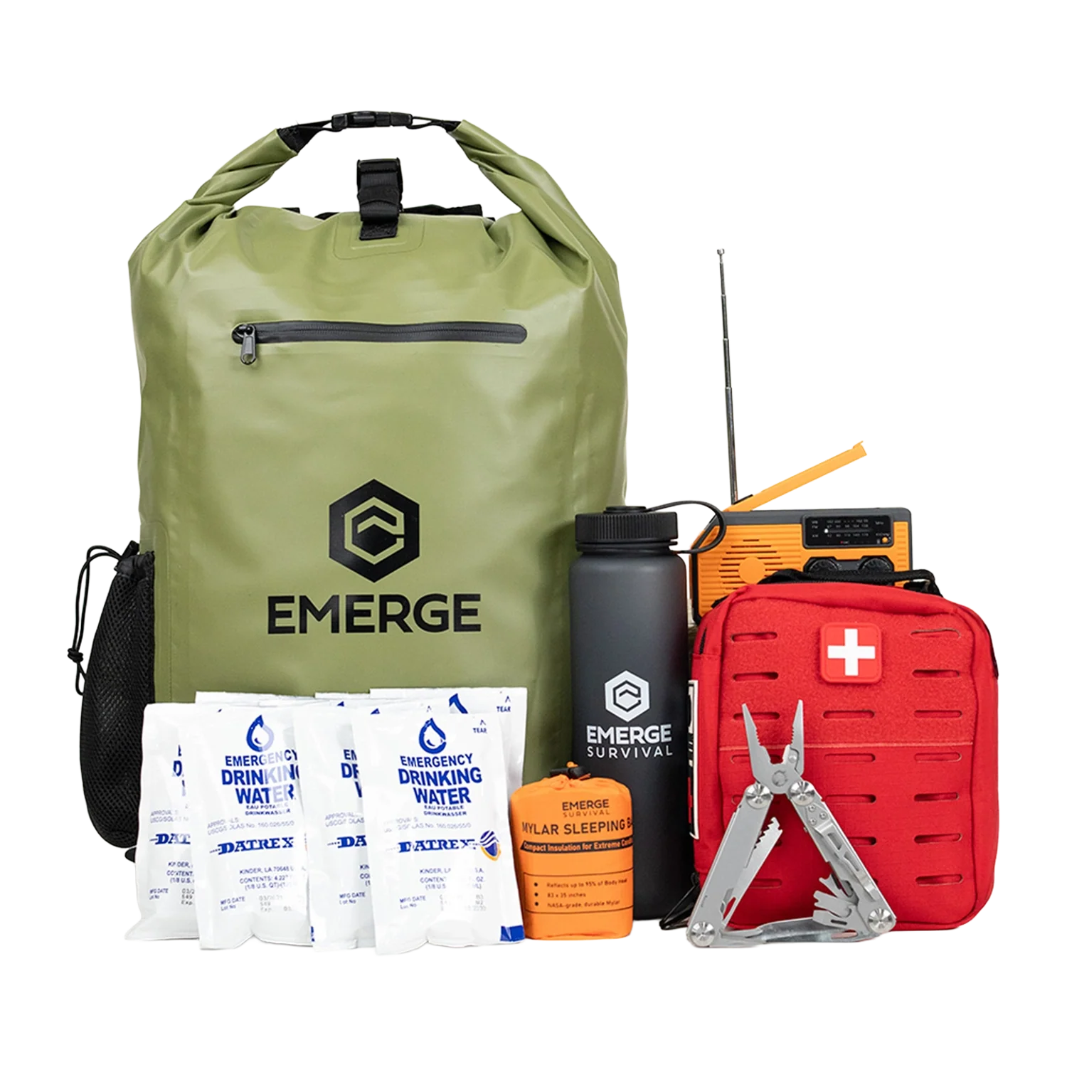 Emerge Survival Get Home Bag with compact packing and visible emergency tools