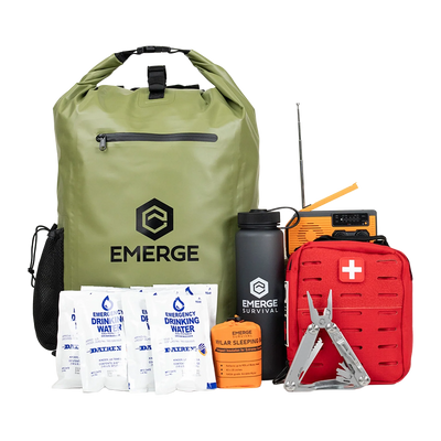 Emerge Survival Get Home Bag with compact packing and visible emergency tools