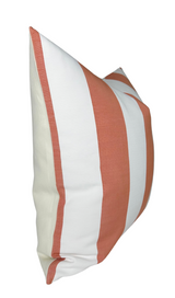 Diagonal view of a rectangular pillow with alternating wide melon orange and white vertical stripes